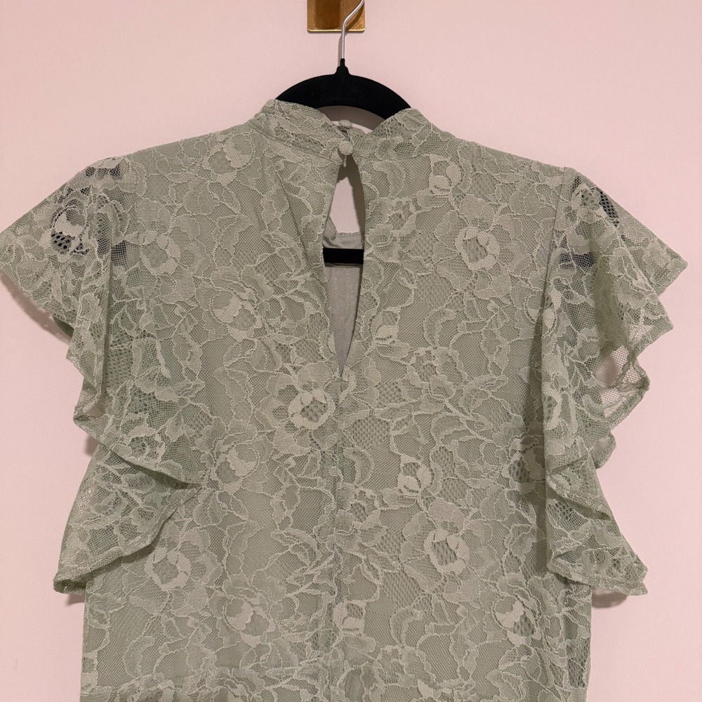 Maeve Anthropologie Sage Green Floral‎ Lace Mock Neck Flutter Sleeve Dress Large - Picture 3 of 4